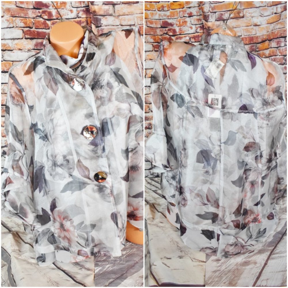 Joseph Ribkoff Size 12 Shirt W Jacket Sheer Floral Button Front Gray 201539